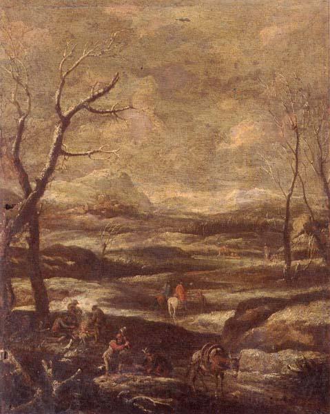 unknow artist A winter landscape with woodcutters and travellers